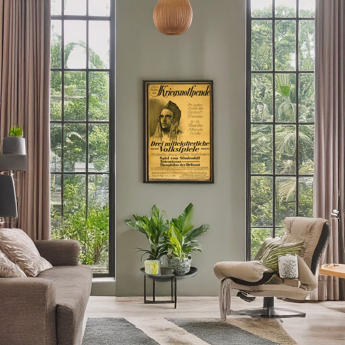 A picture of Zum Besten der Kriegsnotspende ... drei mittelalterliche Volksspiele ... Spiel vom Sündenfalle, Totentanz, Theophilus der Urfaust ..., a mockup of the print leaning against a wall