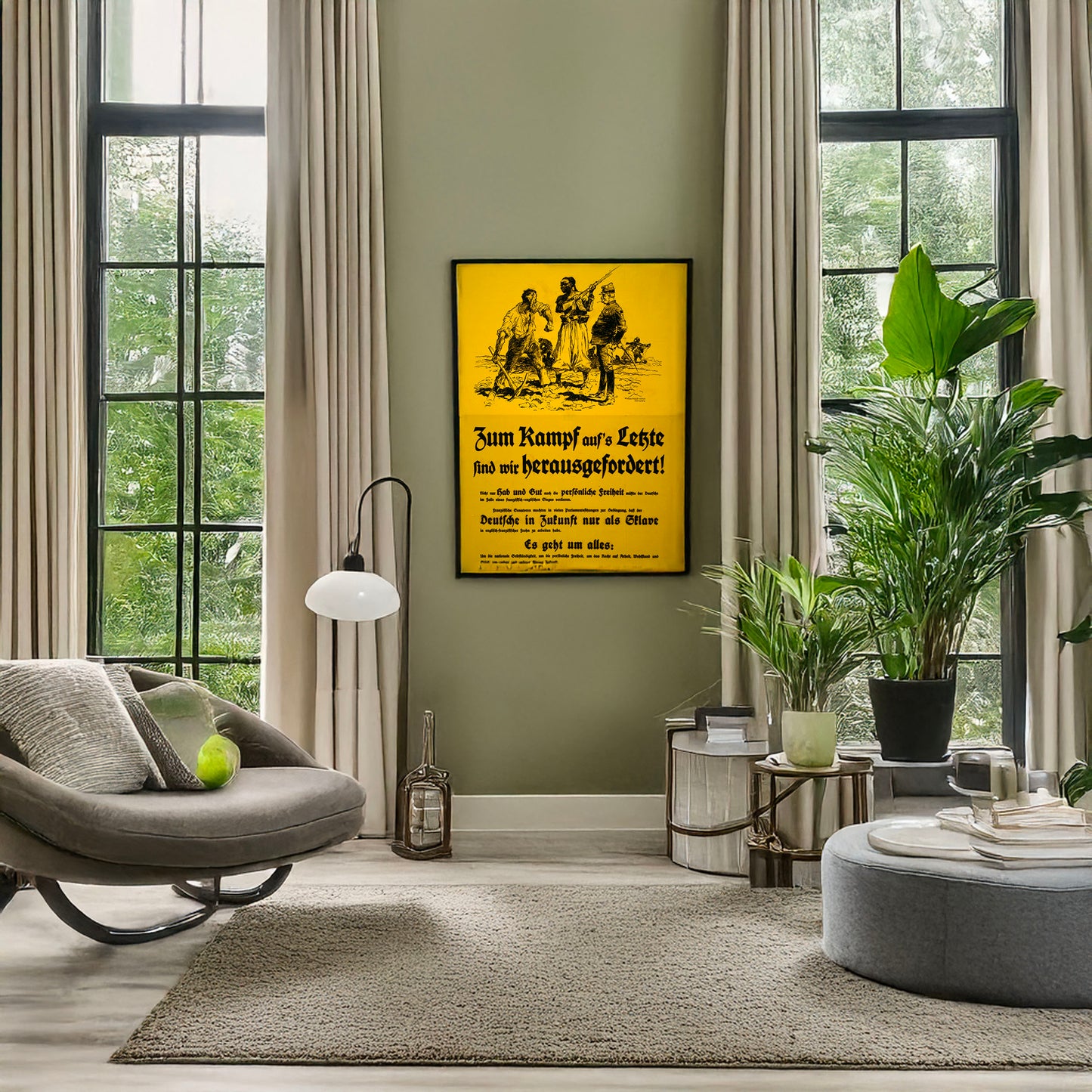 A picture of Zum Kampf auf's Letzte sind wir herausgefordert!, a mockup of the print leaning against a wall