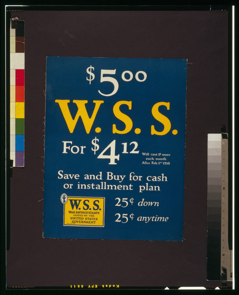 A picture of $5.00 War Savings Stamps for $4.12 Save and buy for cash or installment plan, 25cents down, 25cents anytime.