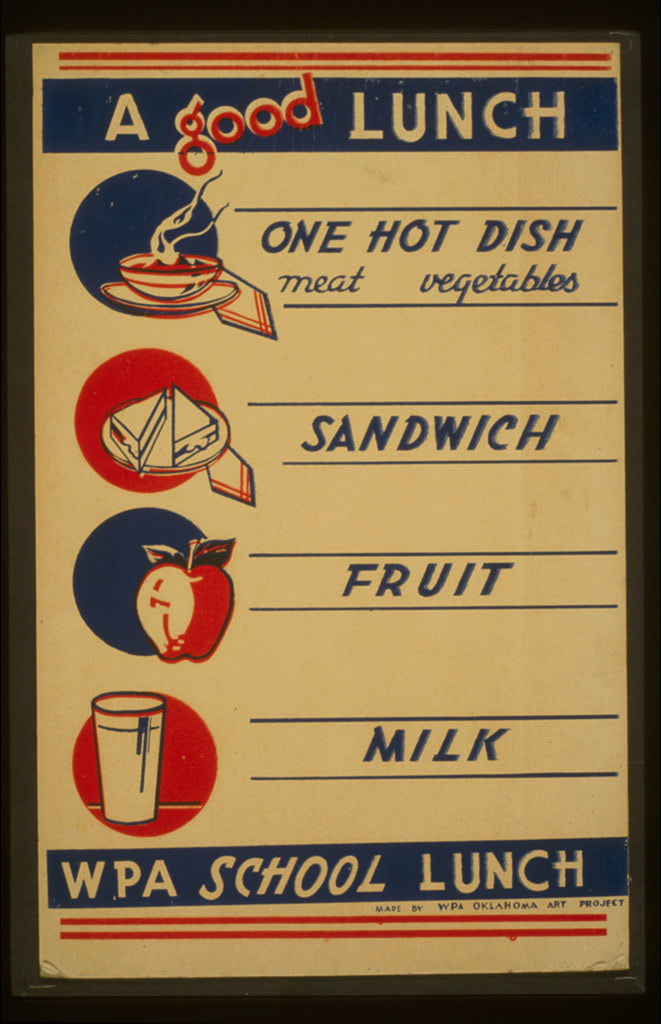 A picture of A good lunch - one hot dish, meat, vegetables - sandwich - fruit - milk WPA school lunch.
