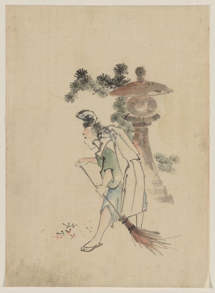 A picture of A man sweeping pine needles that have fallen from a tree near a stone shrine