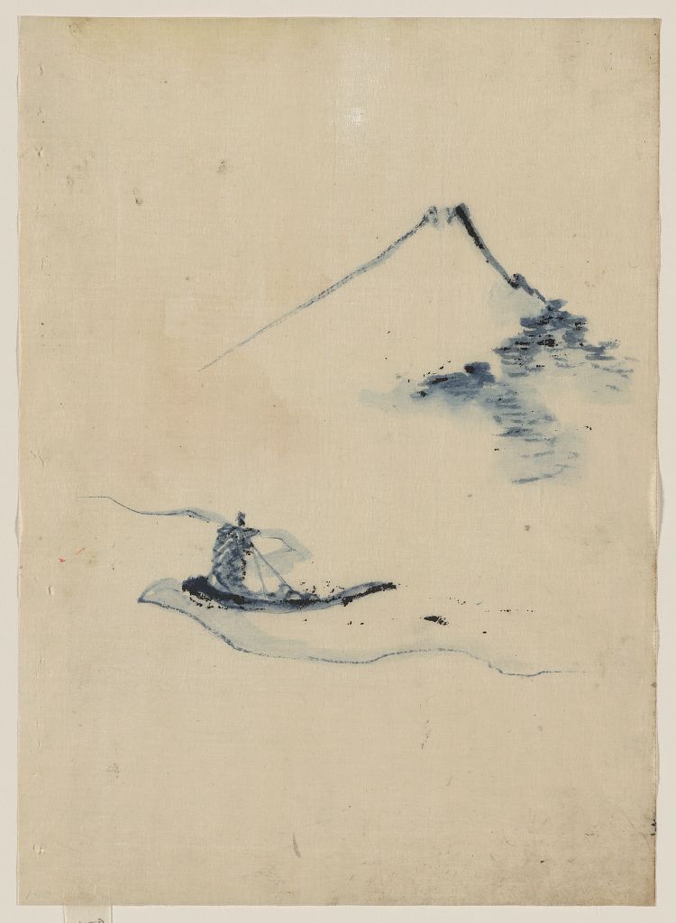 A picture of A person in a small boat on a river with Mount Fuji in the background