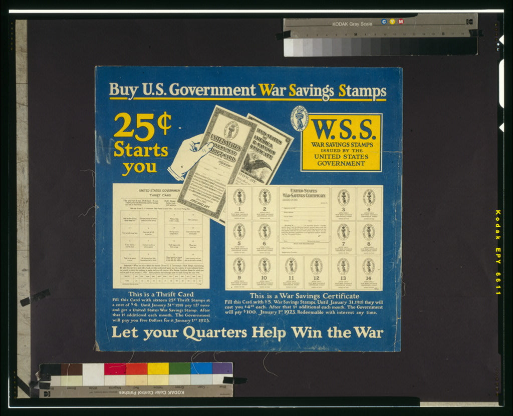 A picture of Buy U.S. government War Savings Stamps--25cents starts you Let your quarters help win the war.
