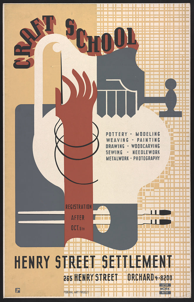 A picture of Craft school Pottery, modeling, weaving, painting, drawing, woodcarving, sewing, needlework, metalwork, photography /