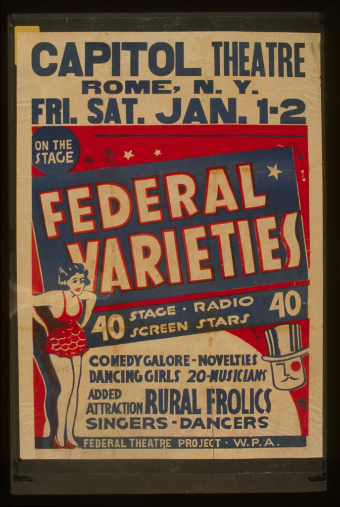 A picture of Federal Varieties 40 stage, radio, screen stars : Comedy galore - novelties - dancing girls - 20 musicians : Added attraction Rural frolics : Singers - dancers.