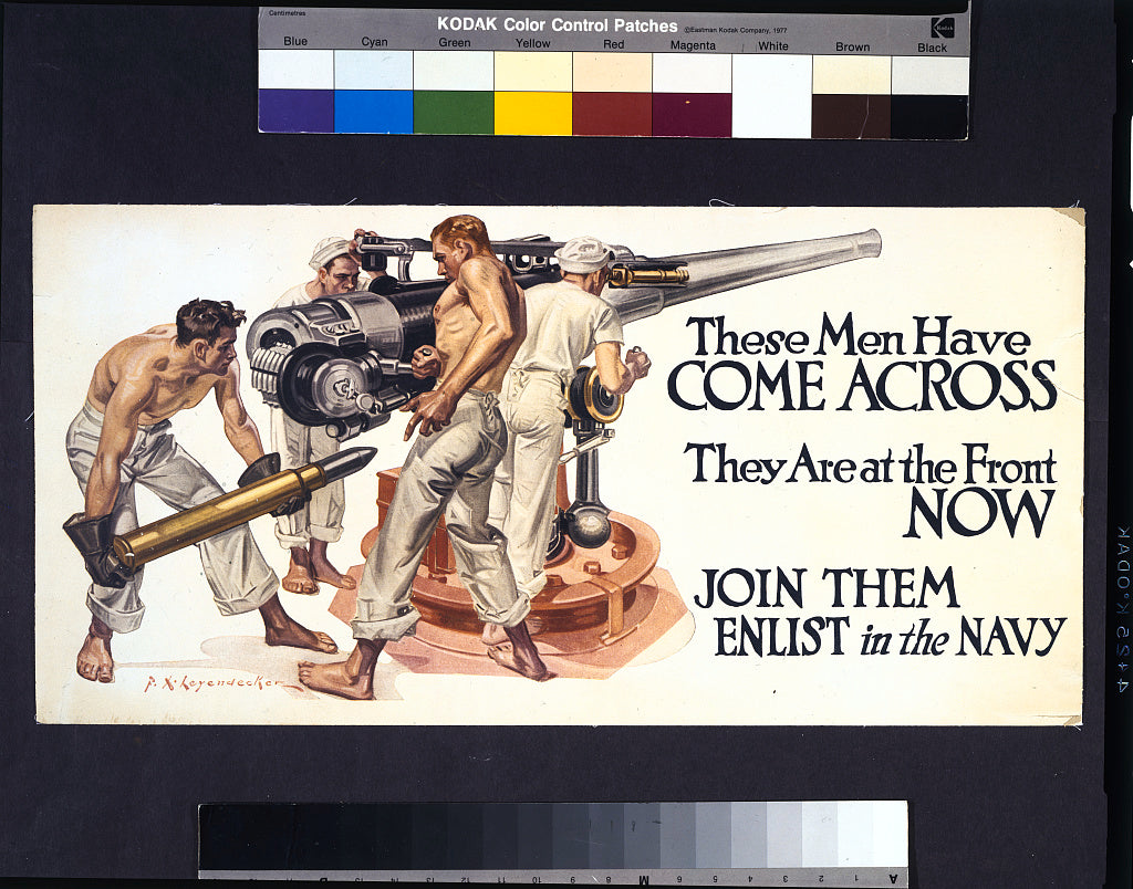 A picture of These men have come across, they are at the front now. Join them--enlist in the Navy
