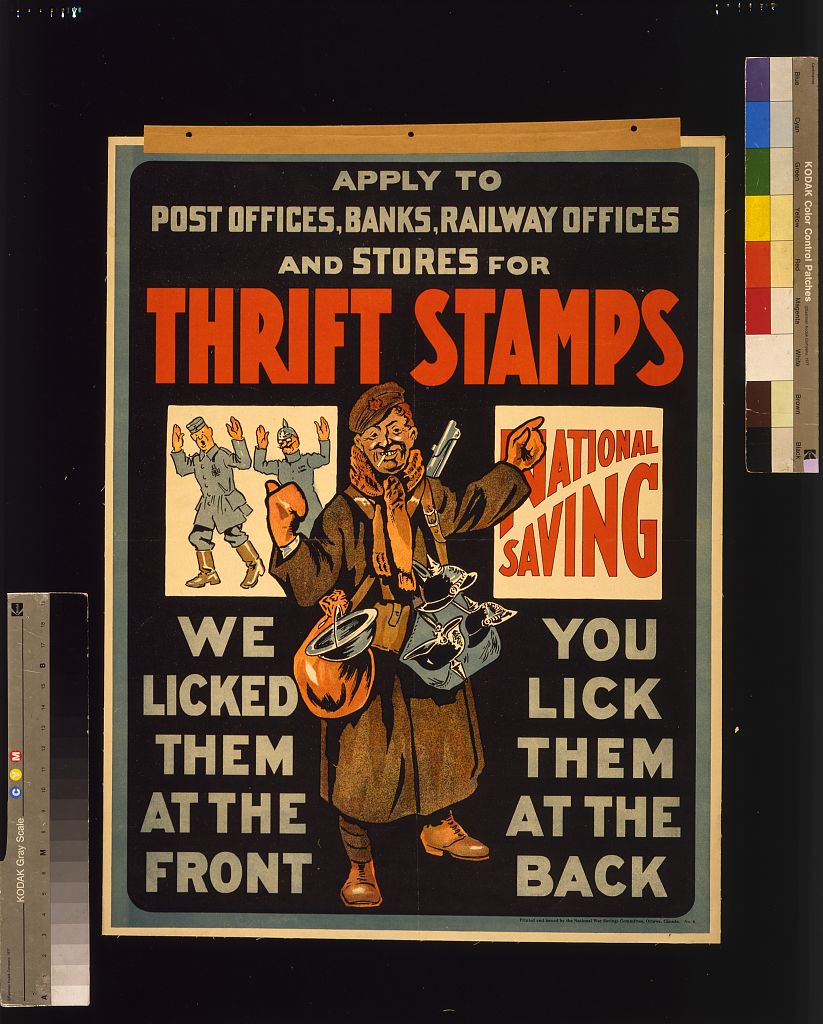 A picture of Thrift stamps. We licked them at the front, you lick them at the back