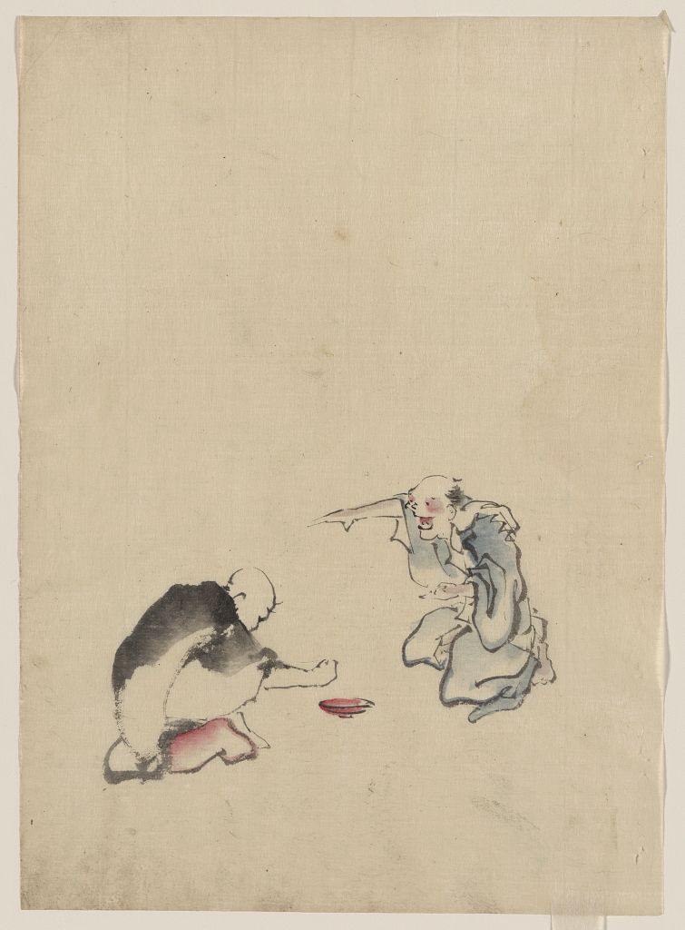 A picture of Two men playing a game or gambling, possibly involving dice of some sort