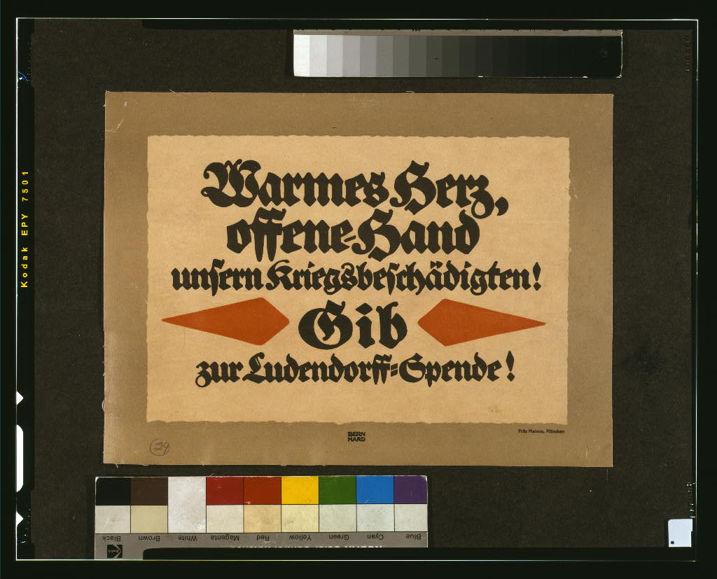A picture of Warmes Herz, offene Hand unsern Kriegsbeschädigten! Gib zur Ludendorff-Spende!