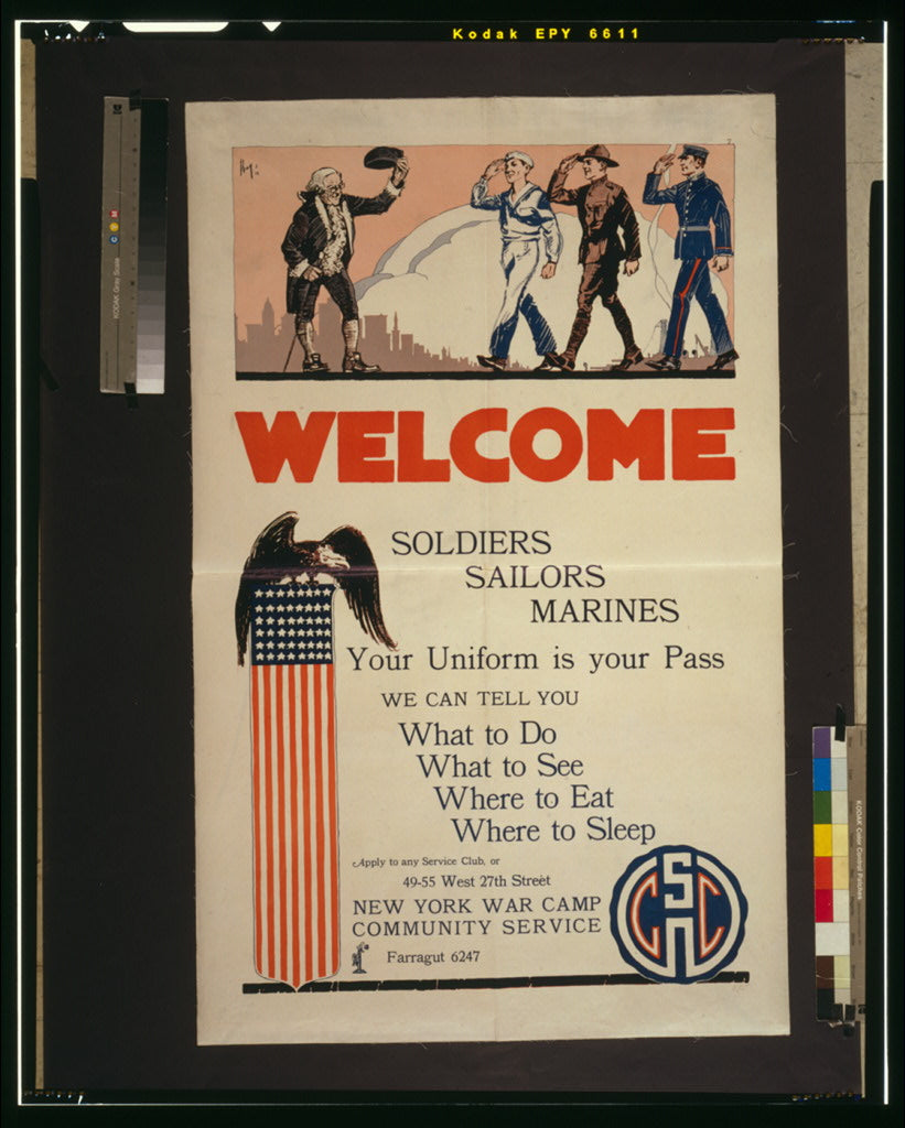 A picture of Welcome soldiers sailors marines Your uniform is your pass--We can tell you what to do, what to see, where to eat, where to sleep /