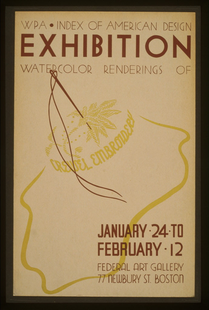 A picture of WPA Index of American Design exhibition Watercolor renderings of crewel embroidery.