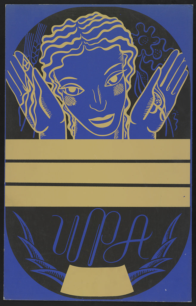 A picture of WPA poster design on blue background showing the head and hands of a woman holding flowers and wheat above a blank banner