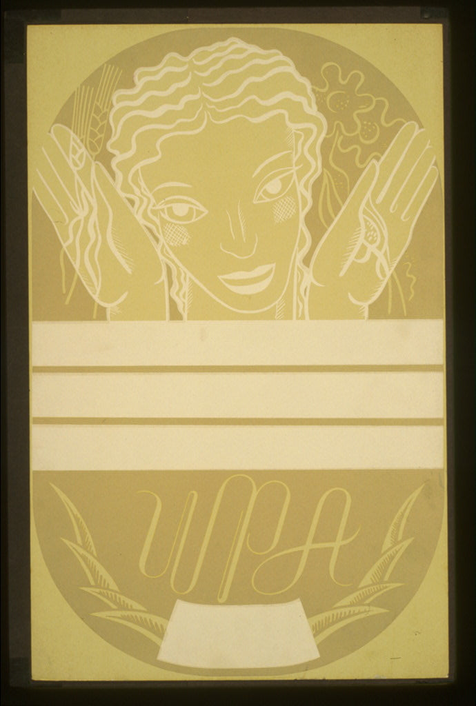 A picture of WPA poster design showing the head and hands of a woman holding flowers and wheat above a blank banner