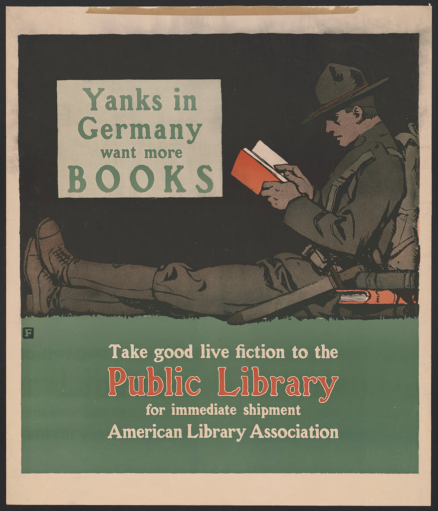 A picture of Yanks in Germany want more books. Take good live fiction to the public library for immediate shipment