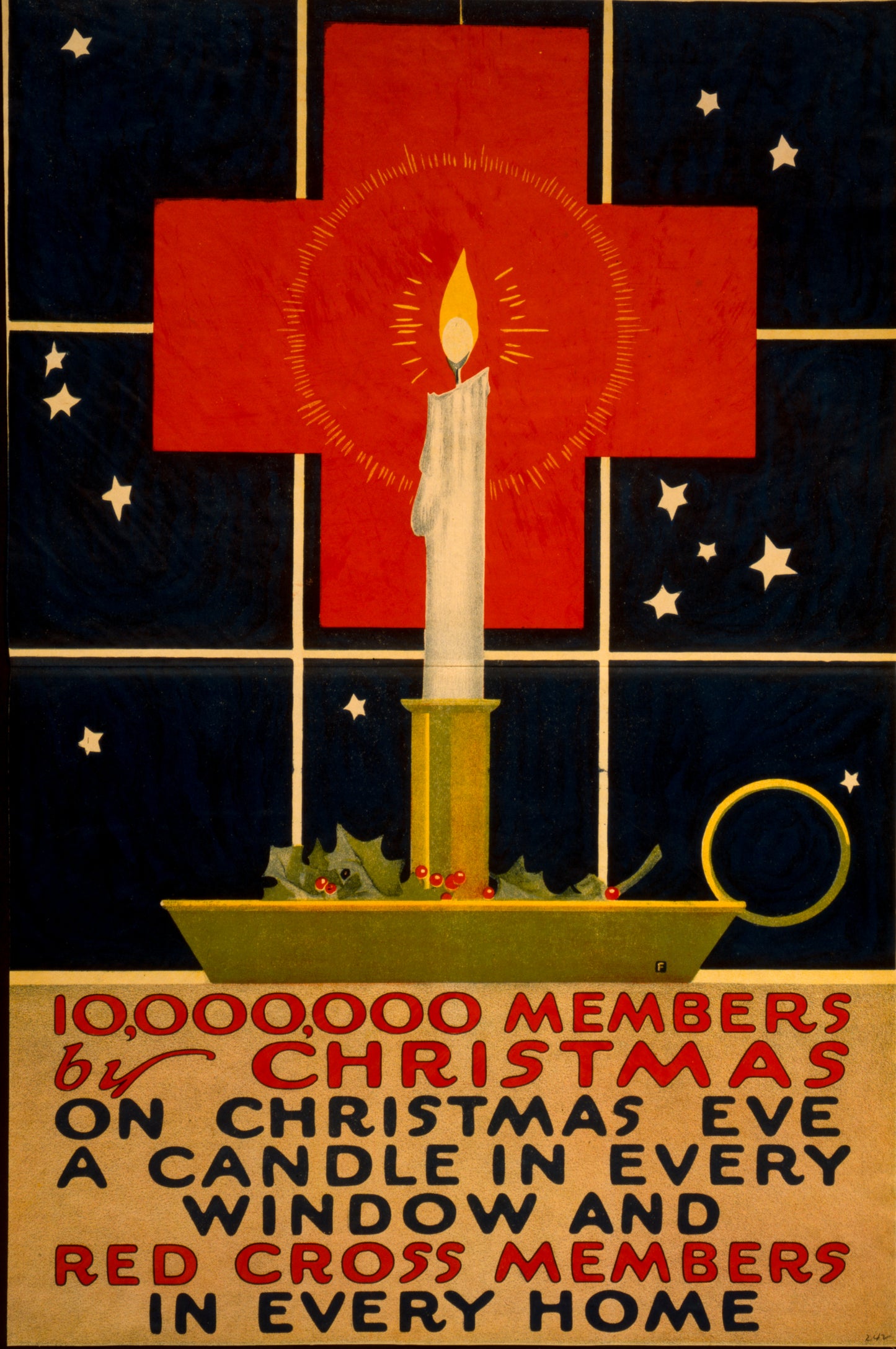 A picture of 10,000,000 members by Christmas On Christmas eve, a candle in every window and Red Cross members in every home.