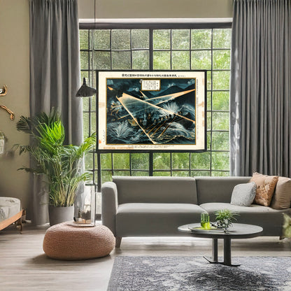 A picture of 1904 Meiji Japan Navy seventy seven brave soldiers decide die company get in the transportation ships and themselves sink is picture stoppaged Port Ryojun, a mockup of the print leaning against a wall