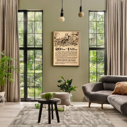 A picture of 20 at home to 1 in the trenches, a mockup of the print leaning against a wall