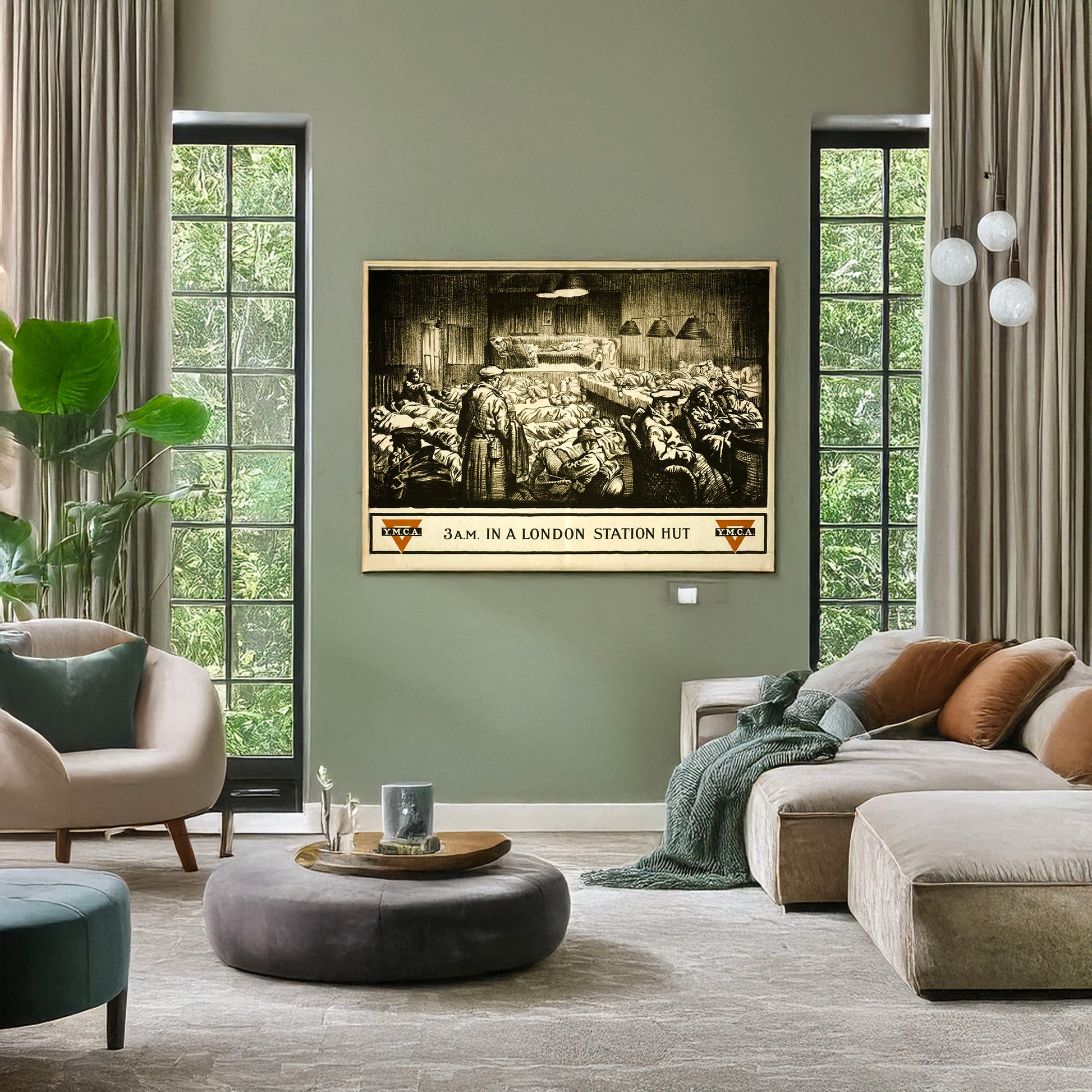 A picture of 3 A.M. in a London station hut, a mockup of the print leaning against a wall