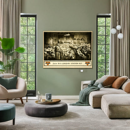A picture of 3 A.M. in a London station hut, a mockup of the print leaning against a wall