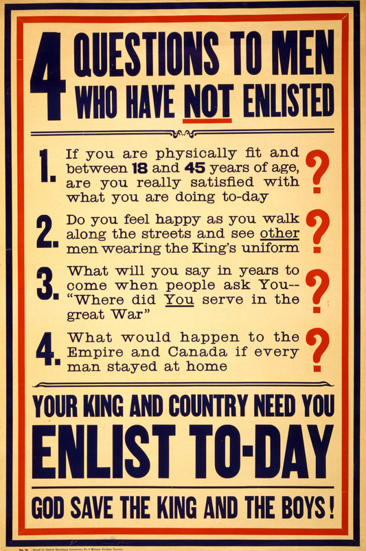A picture of 4 questions to men who have not enlisted. ... Enlist to-day