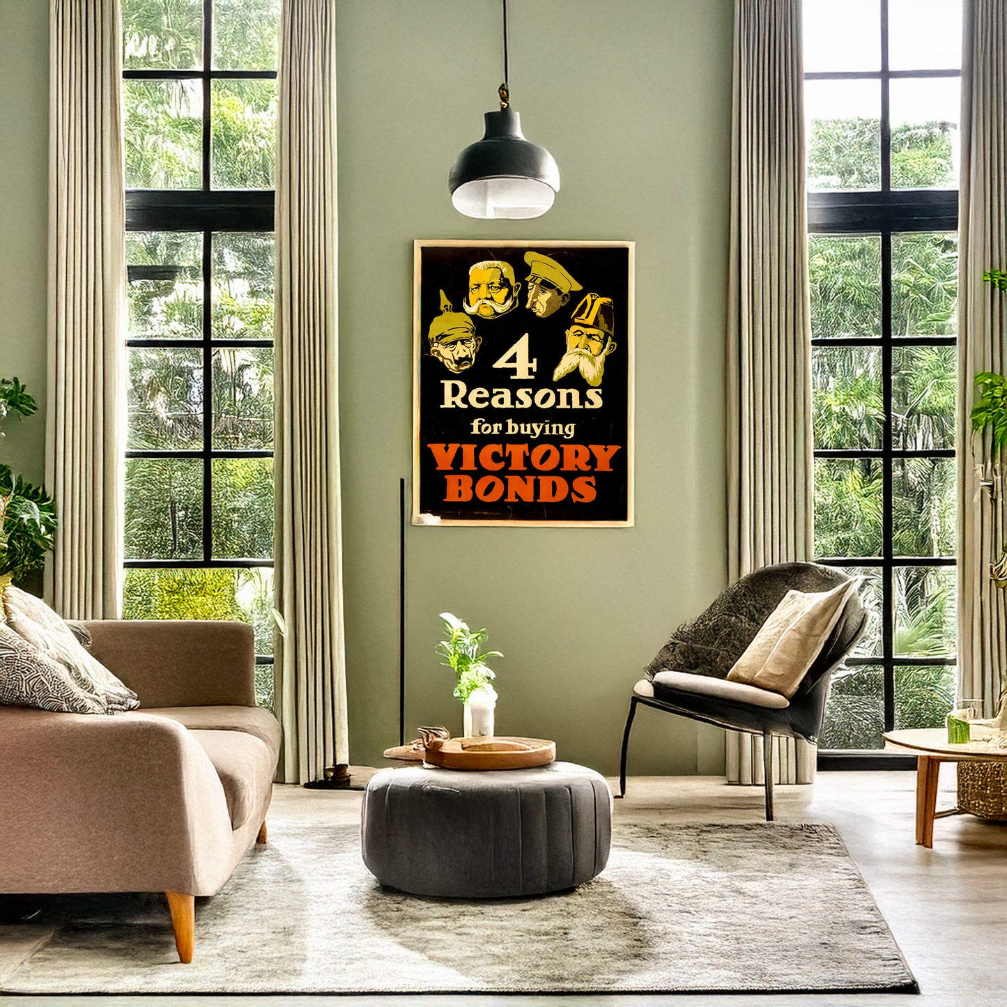 A picture of 4 reasons for buying Victory Bonds, a mockup of the print leaning against a wall