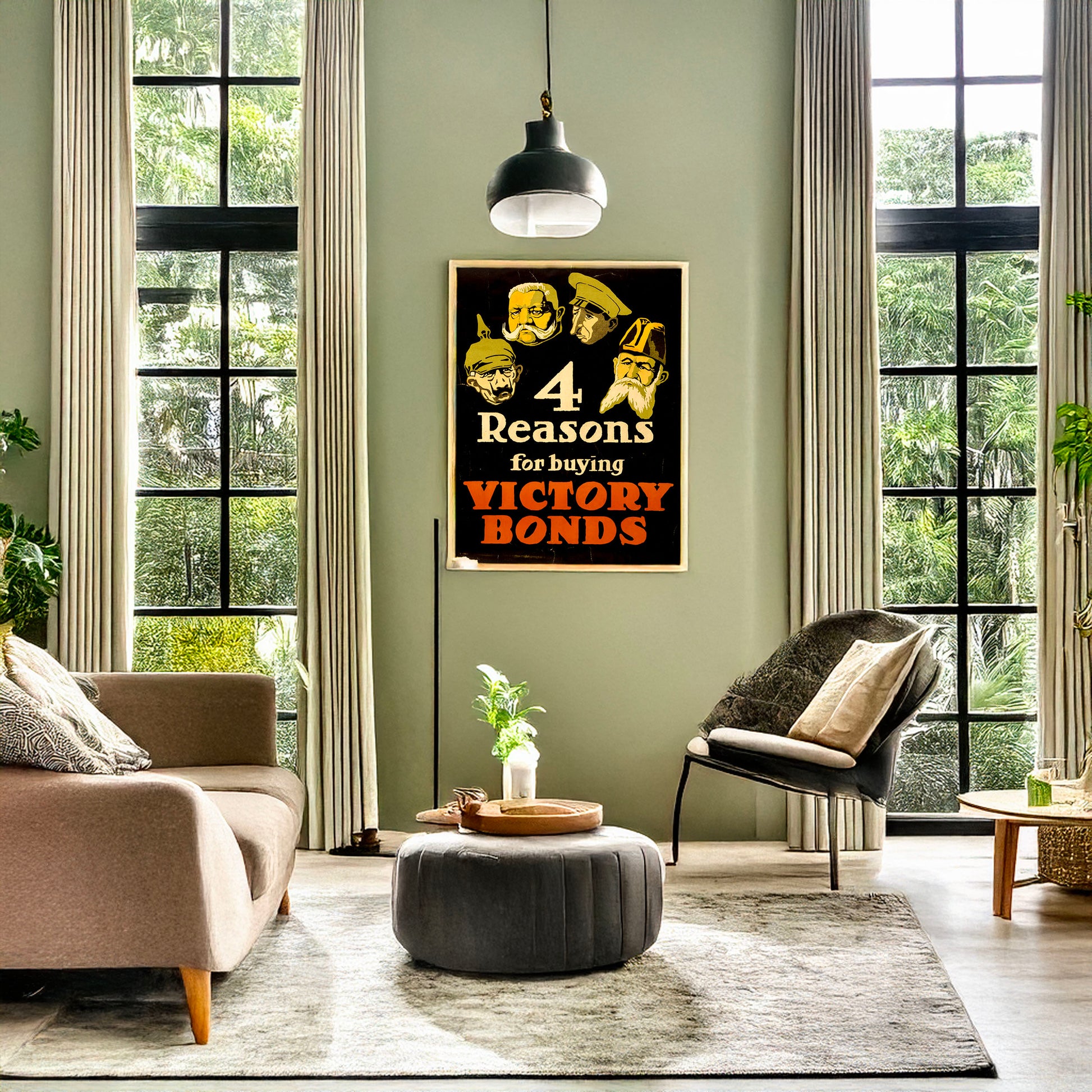 A picture of 4 reasons for buying Victory Bonds, a mockup of the print leaning against a wall