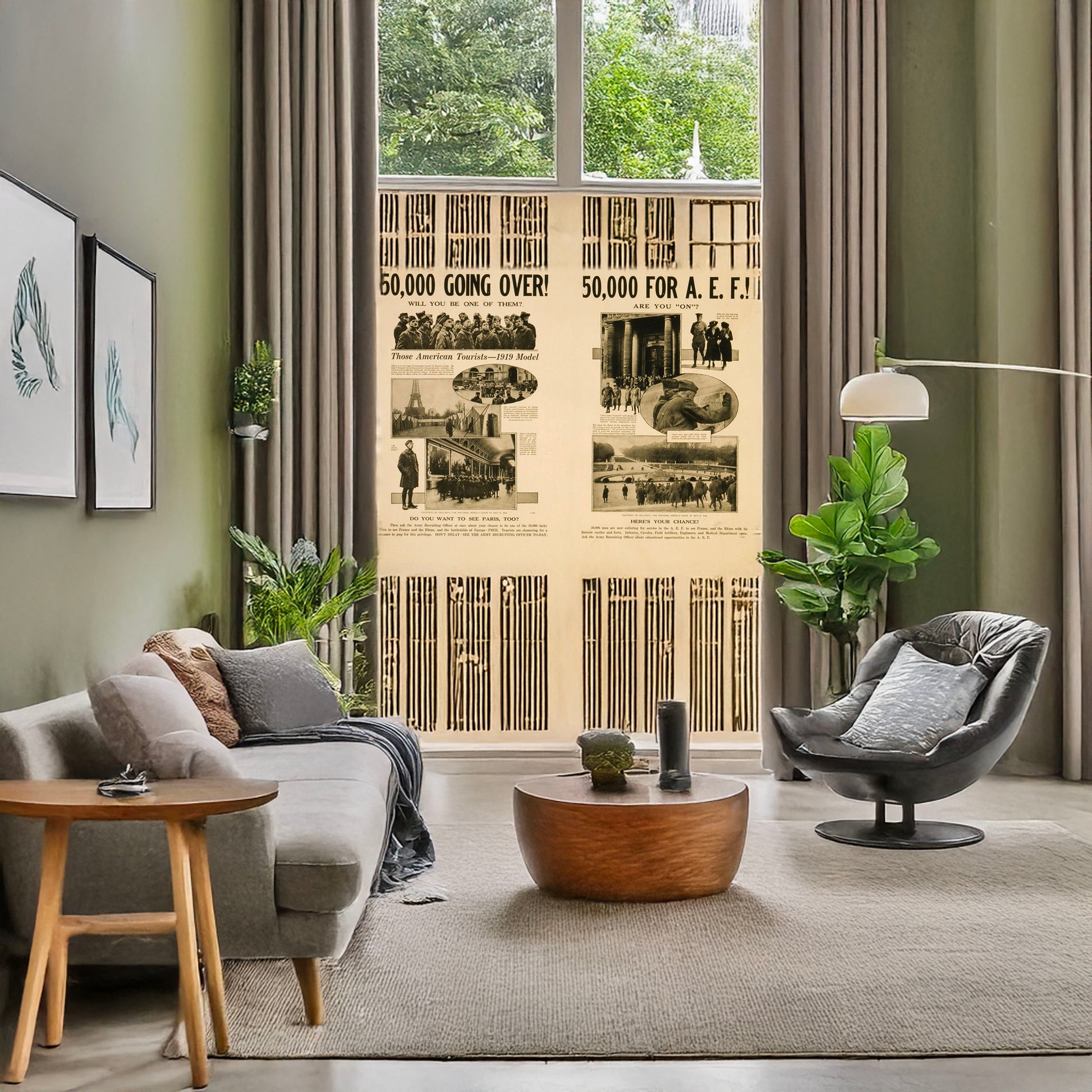A picture of 50,000 going over! Will you be one of them? 50,000 for A.E.F.! Are you "on"?, a mockup of the print leaning against a wall
