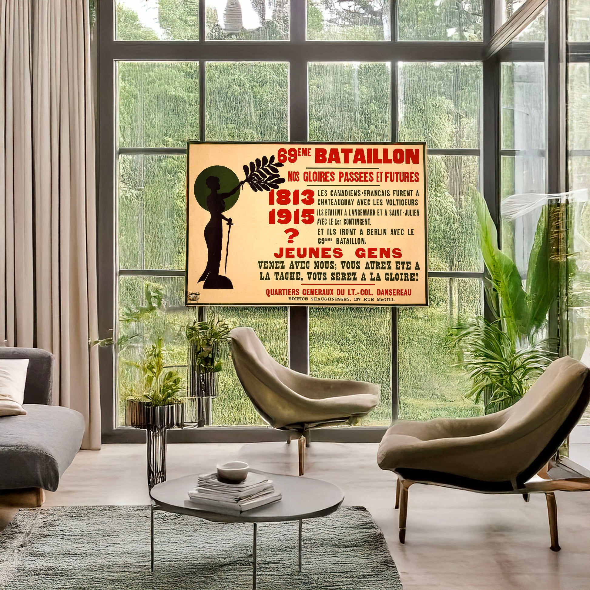 A picture of 69eme Bataillon. Nos gloires passees et futures, a mockup of the print leaning against a wall