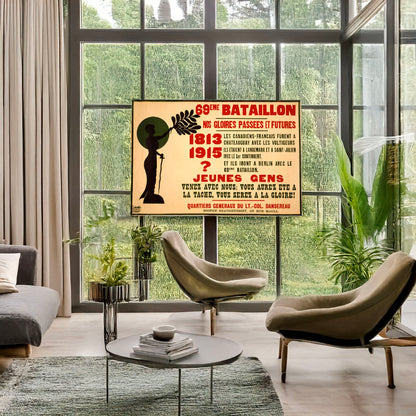 A picture of 69eme Bataillon. Nos gloires passees et futures, a mockup of the print leaning against a wall