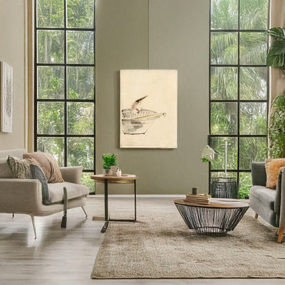 A picture of A bird perched on the edge of a bowl, with head cocked, looking at a utensil in the bowl, a mockup of the print leaning against a wall