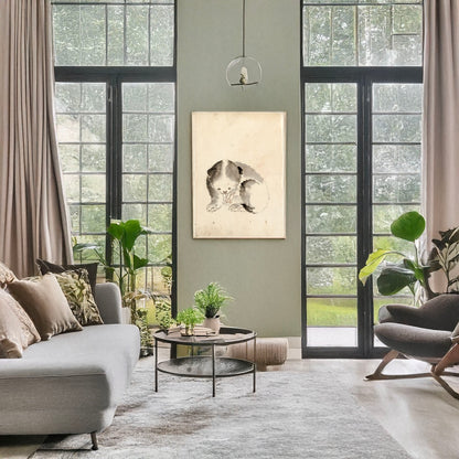 A picture of A cat cleaning its claws, a mockup of the print leaning against a wall