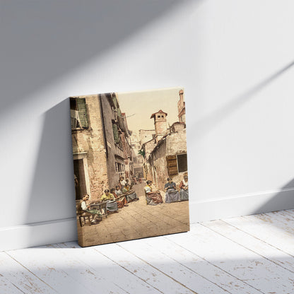 A picture of A court yard (Calle dell Angelo a San Martino), Venice, Italy, a mockup of the print leaning against a wall