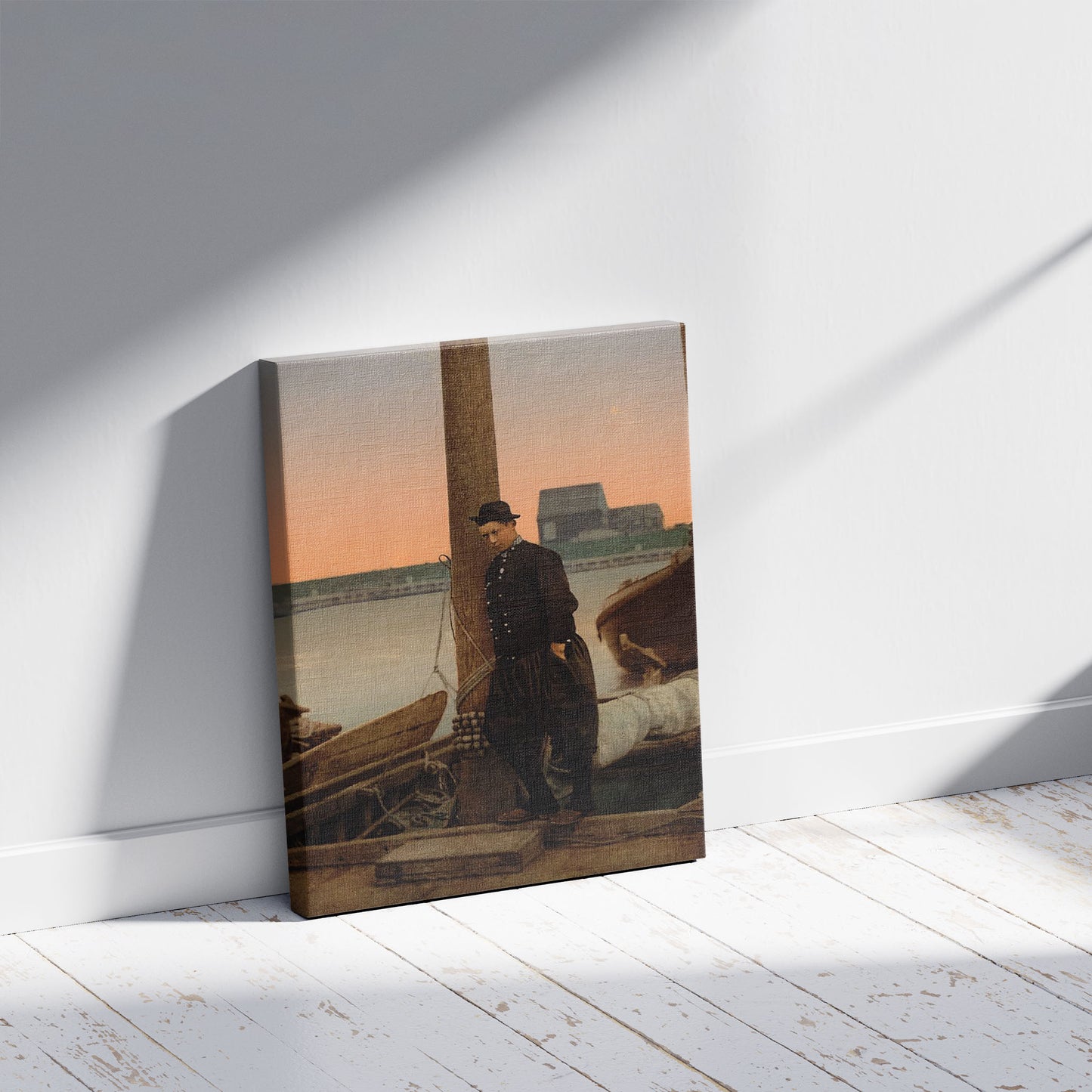 A picture of A Dutch fisherman, Marken Island, Holland, a mockup of the print leaning against a wall