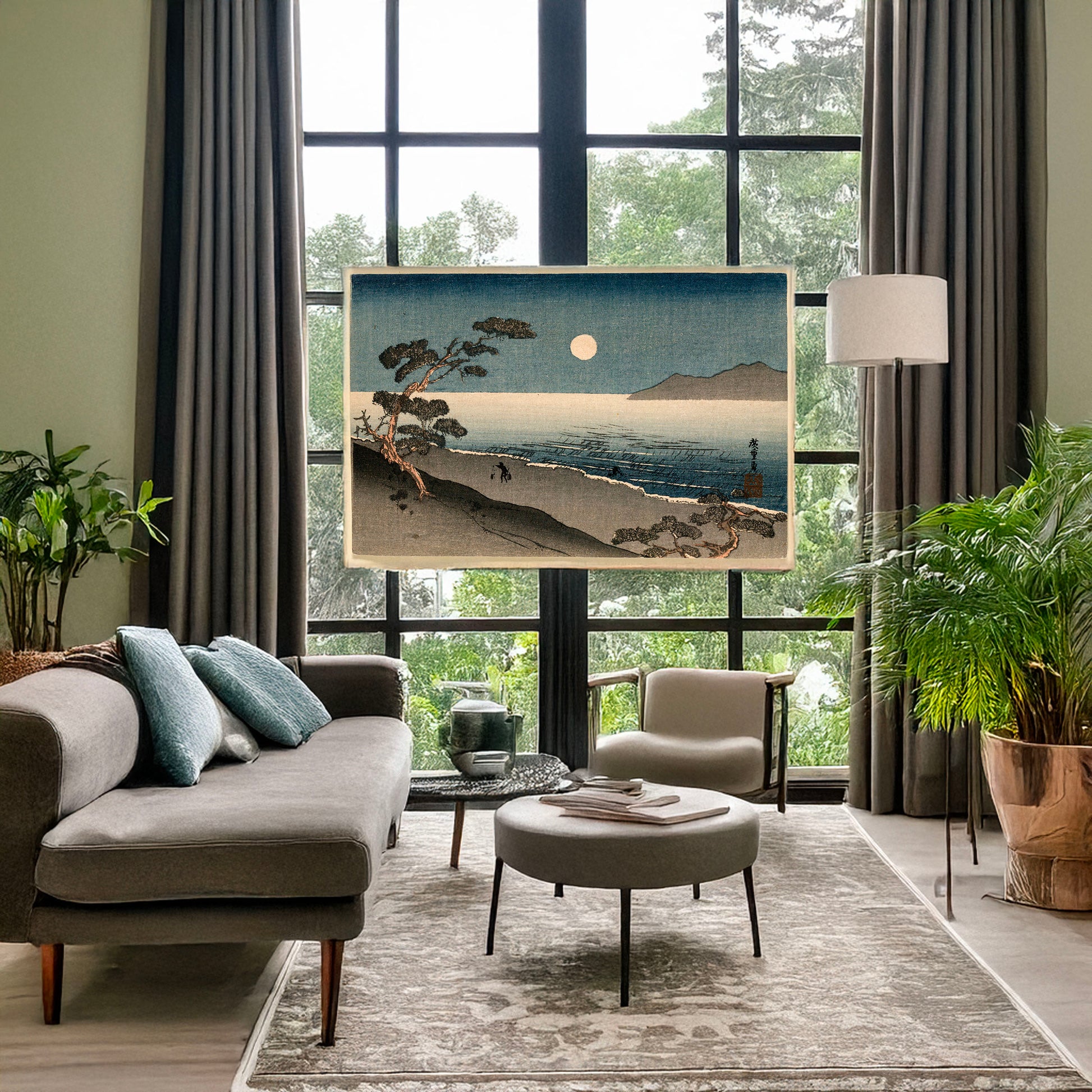 A picture of "A fairy moon and a lonely shore", a mockup of the print leaning against a wall
