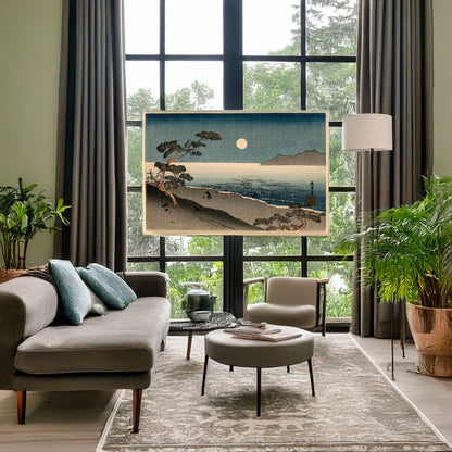 A picture of "A fairy moon and a lonely shore", a mockup of the print leaning against a wall