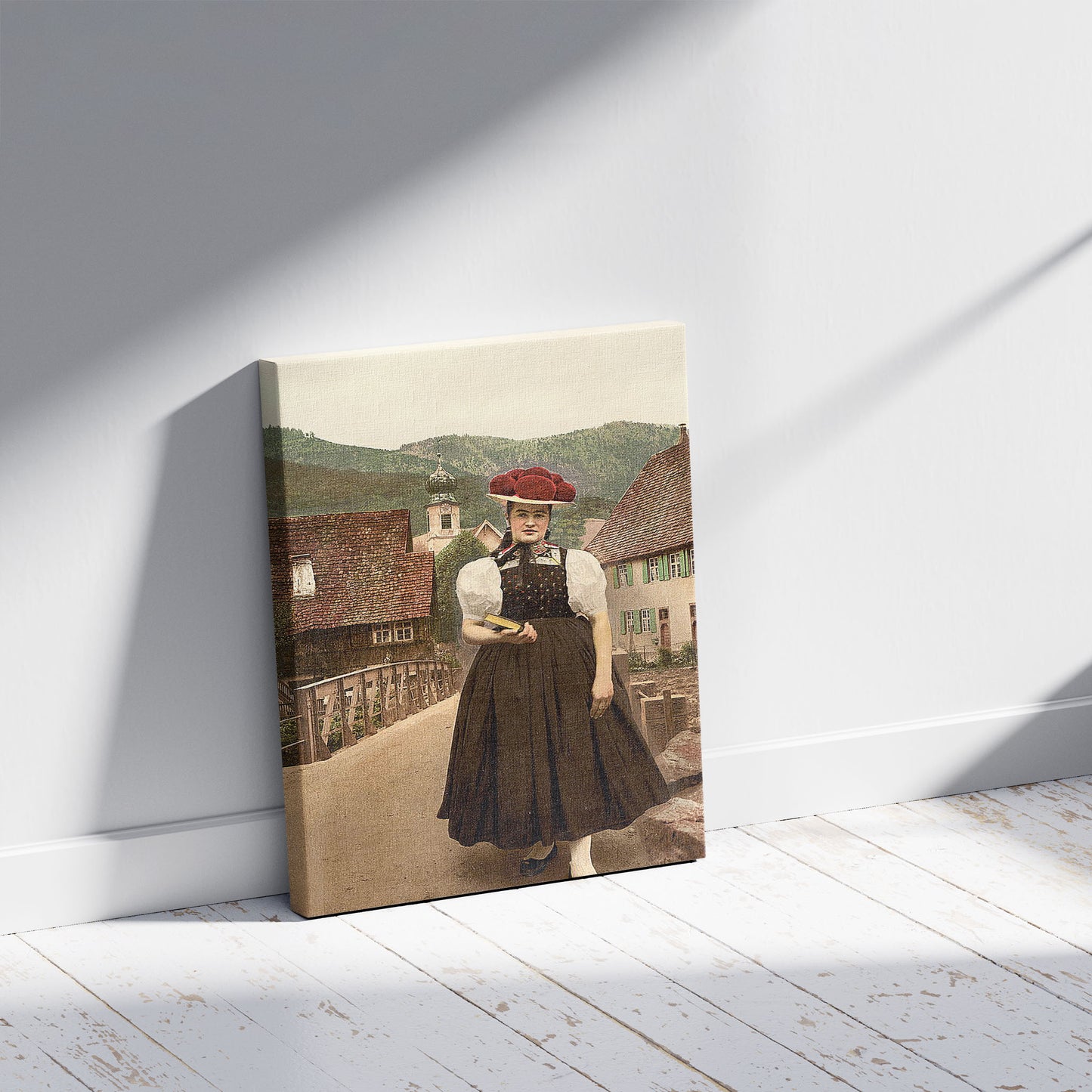 A picture of A Girl of the Black Forest, Black Forest, Baden, Germany, a mockup of the print leaning against a wall