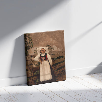 A picture of A Hardanger girl, Hardanger Fjord, Norway, a mockup of the print leaning against a wall