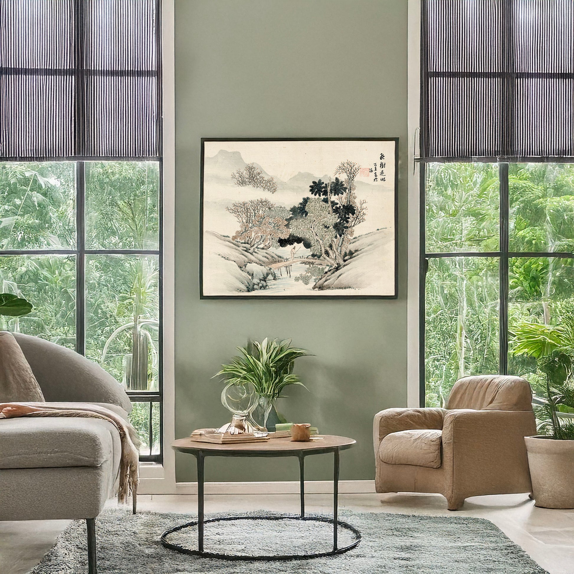 A picture of A man crossing a bridge beneath overhanging trees, a mockup of the print leaning against a wall