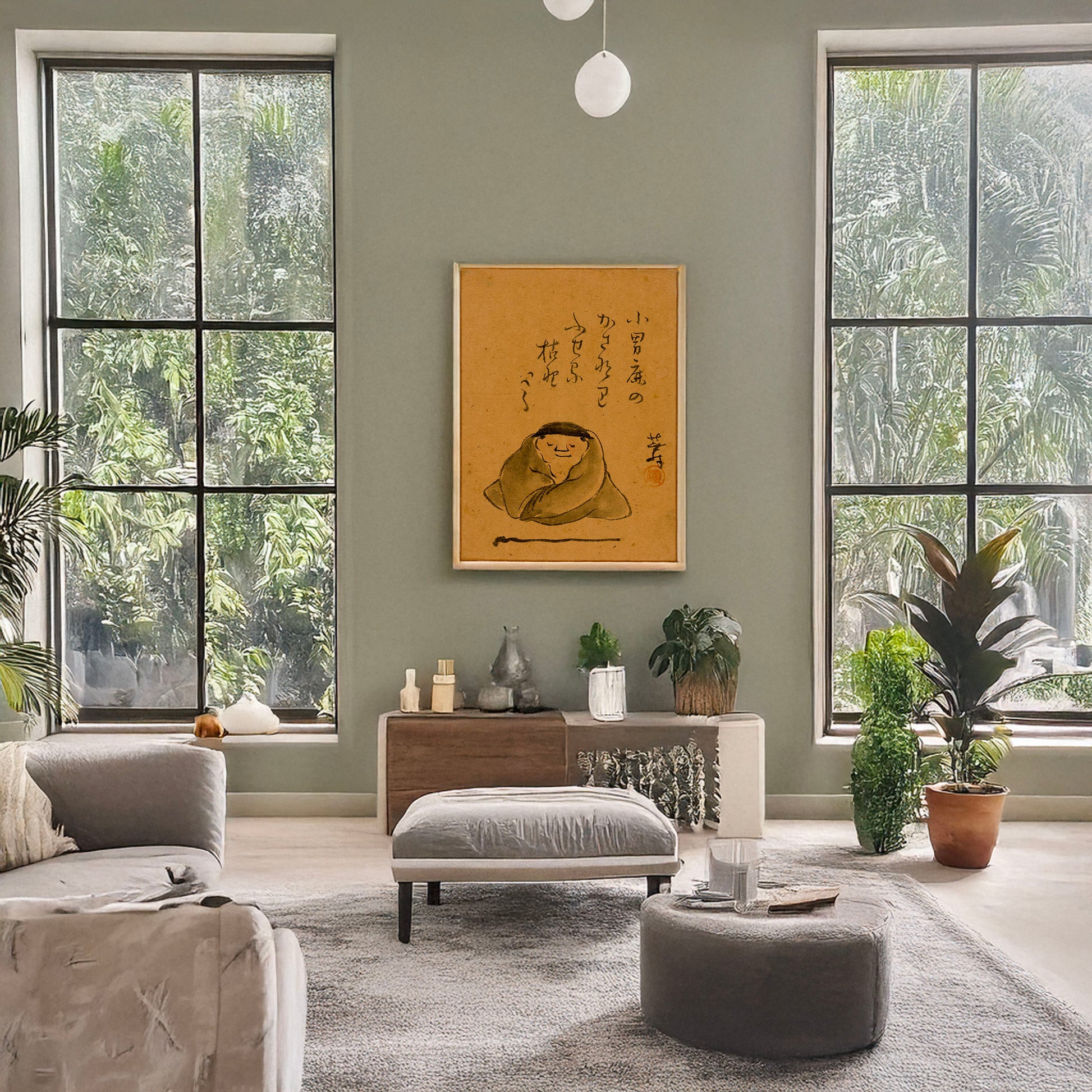 A picture of A man or monk seated, facing front, sleeping or meditating, a mockup of the print leaning against a wall