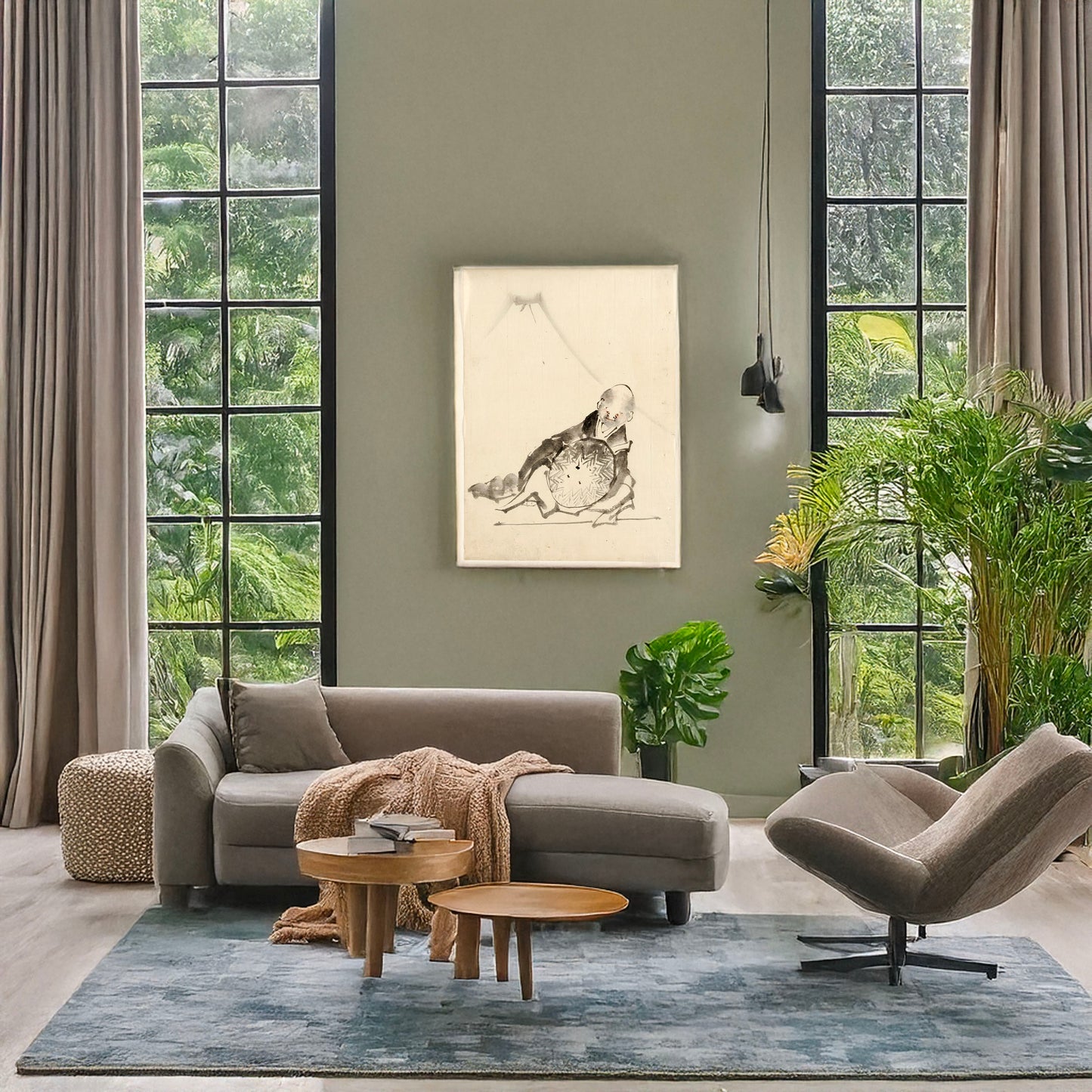 A picture of A monk reclining, holding a large conical hat in front of him, with view of Mount Fuji in the background, a mockup of the print leaning against a wall