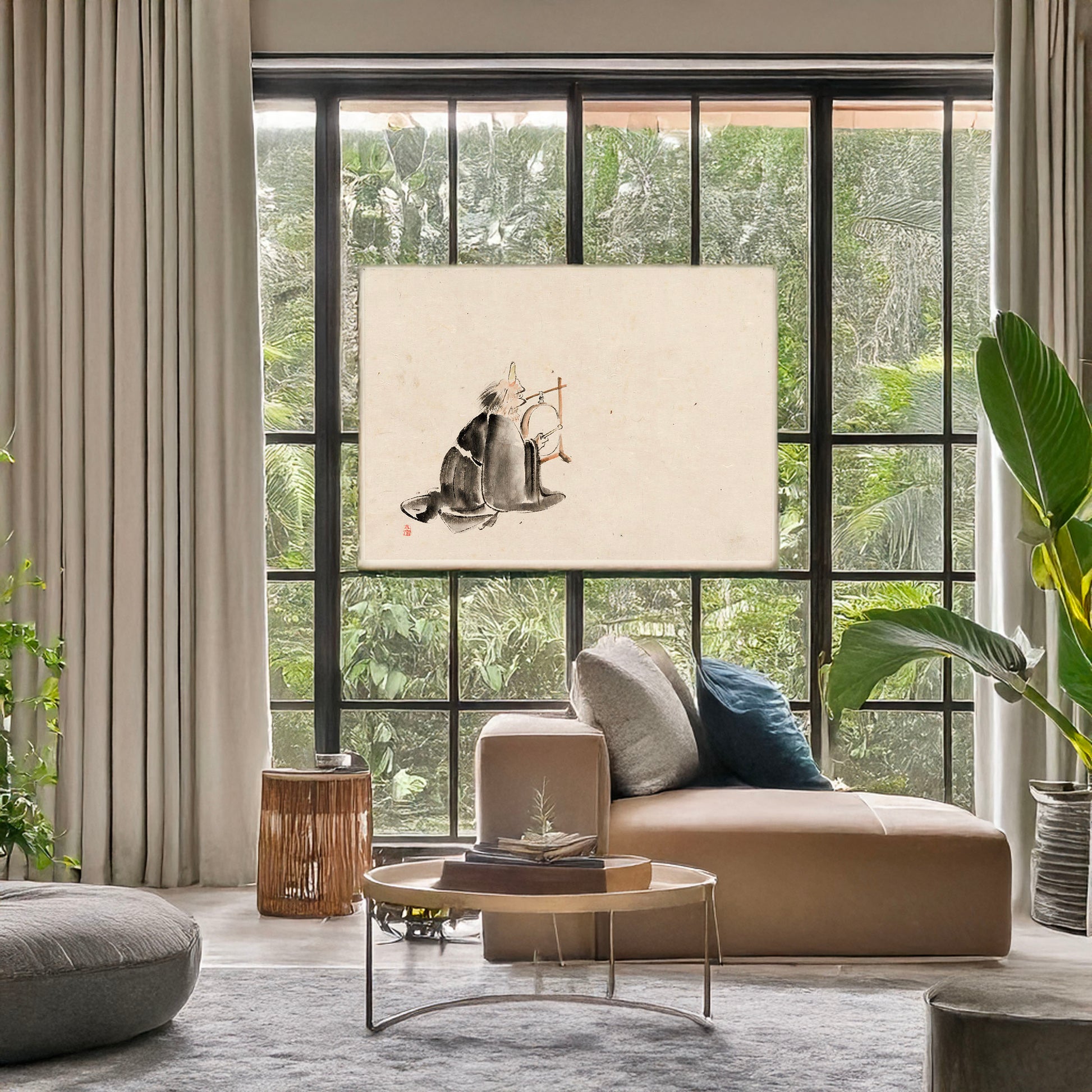 A picture of A monk wearing a mask(?) with a horn, sitting on the ground, beating a drum (tsuri-daiko), a mockup of the print leaning against a wall
