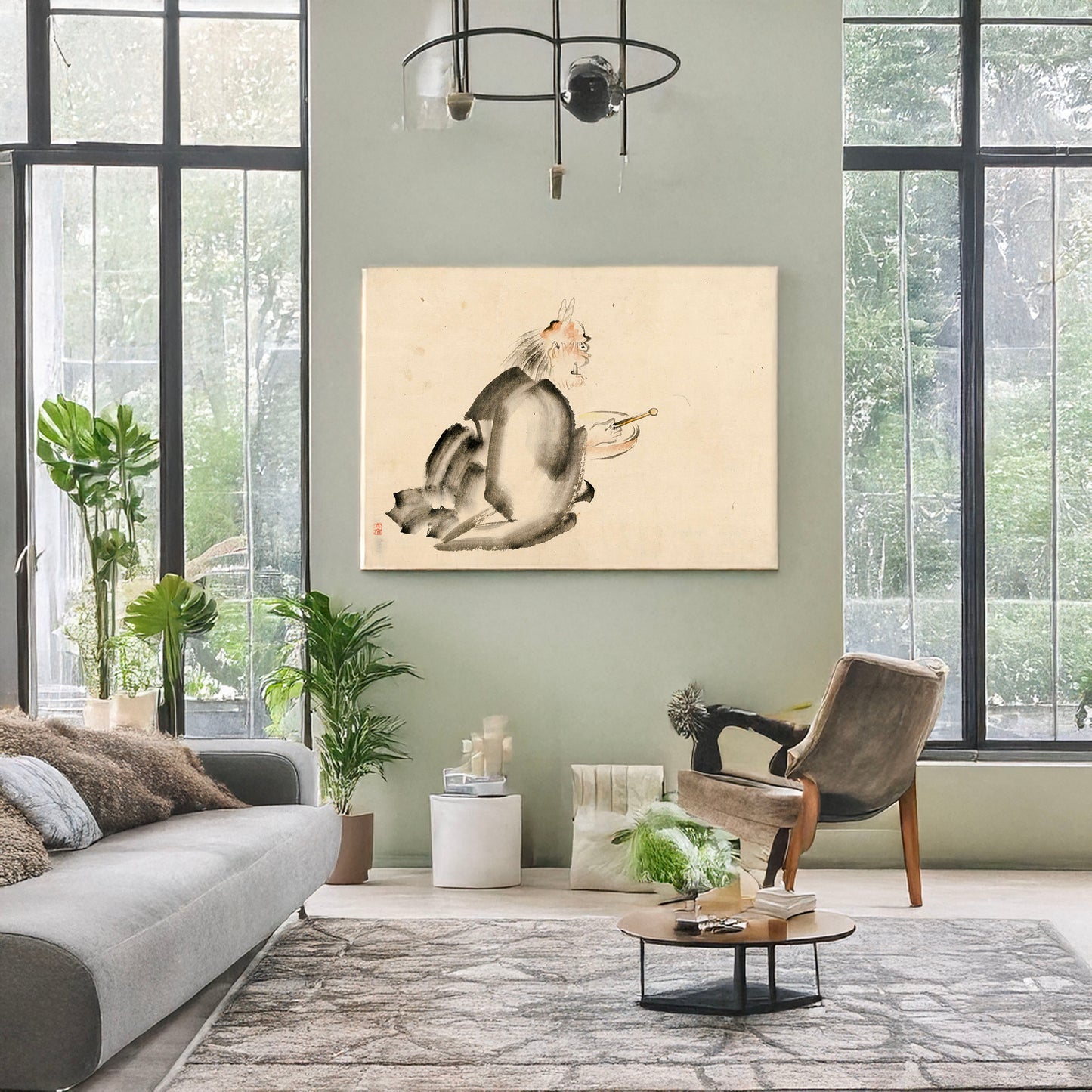 A picture of A monk wearing mask(?) with horns, sitting on the ground, beating a drum, a mockup of the print leaning against a wall