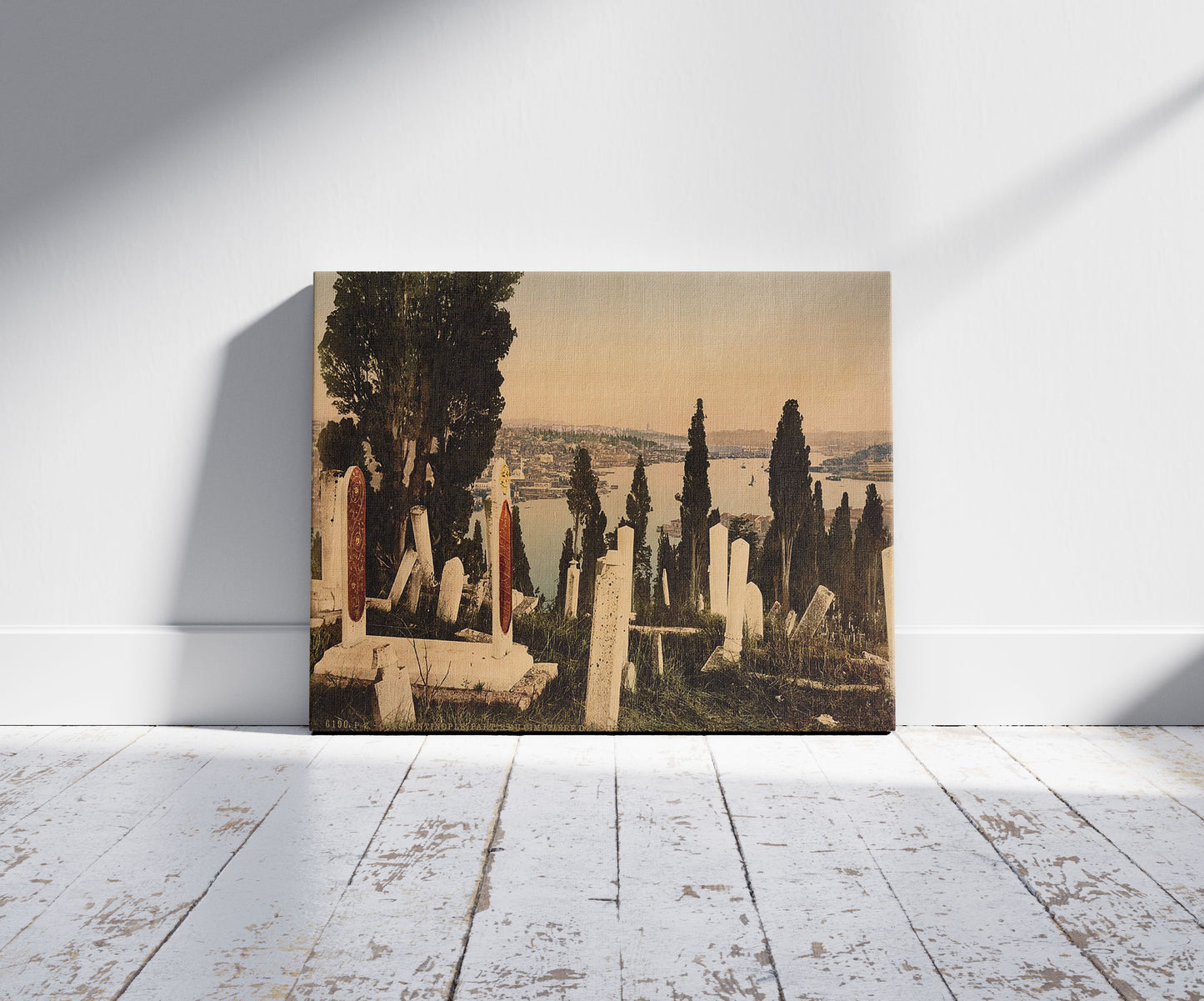 A picture of A part of the Eyoub (i.e., Uyüp) cemetery, I, Constantinople, Turkey, a mockup of the print leaning against a wall