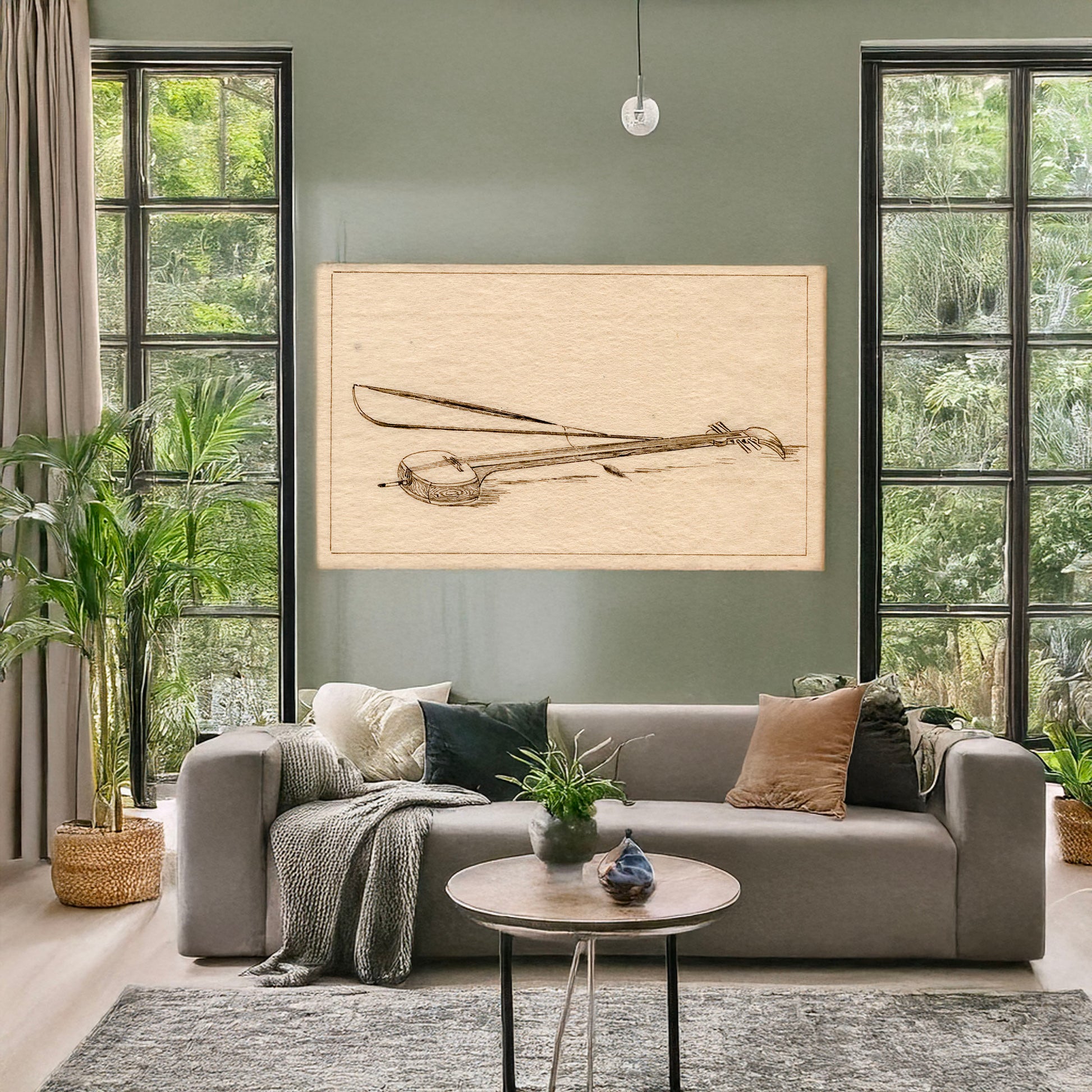 A picture of A shamisen, a mockup of the print leaning against a wall