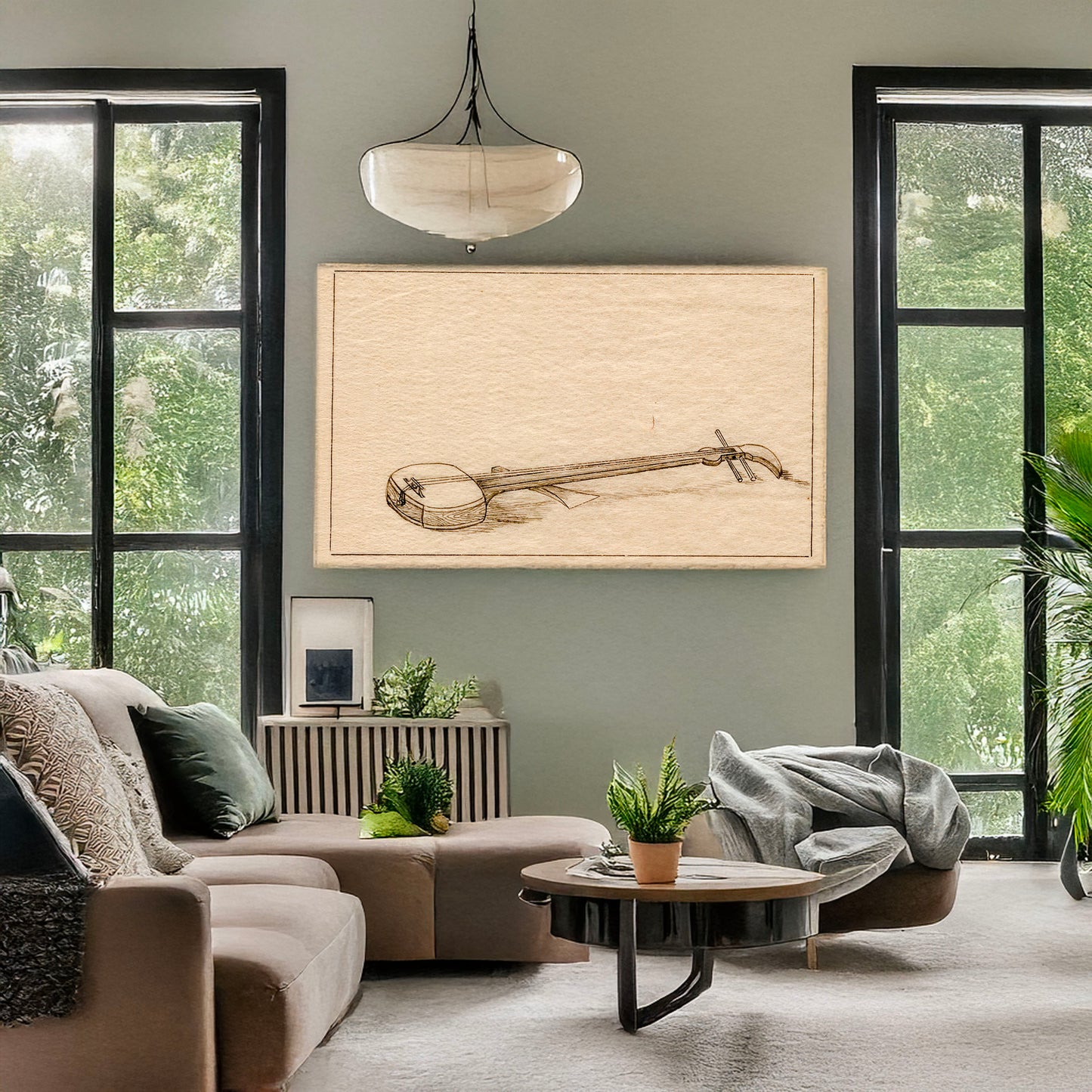 A picture of A shamisen, a mockup of the print leaning against a wall