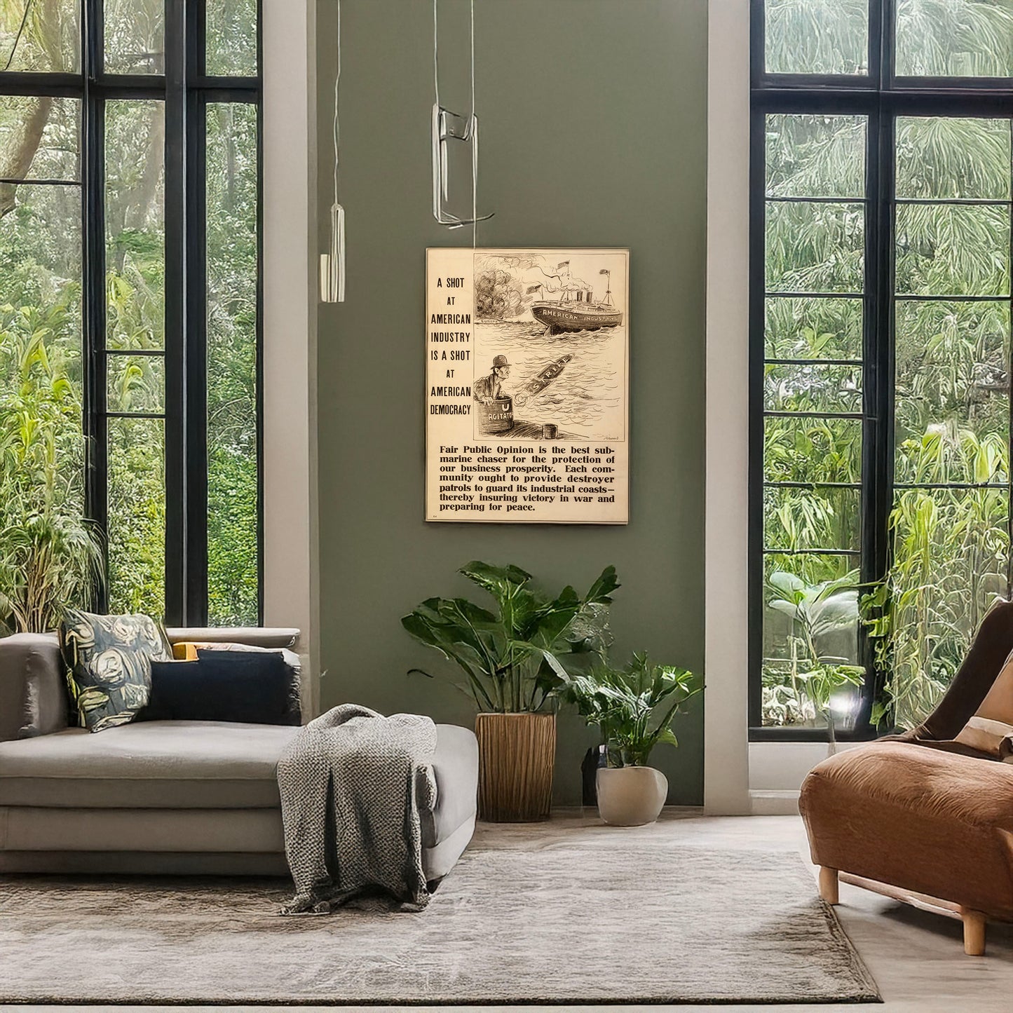 A picture of A shot at American industry is a shot at American democracy, a mockup of the print leaning against a wall
