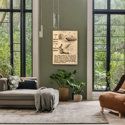 A picture of A shot at American industry is a shot at American democracy, a mockup of the print leaning against a wall