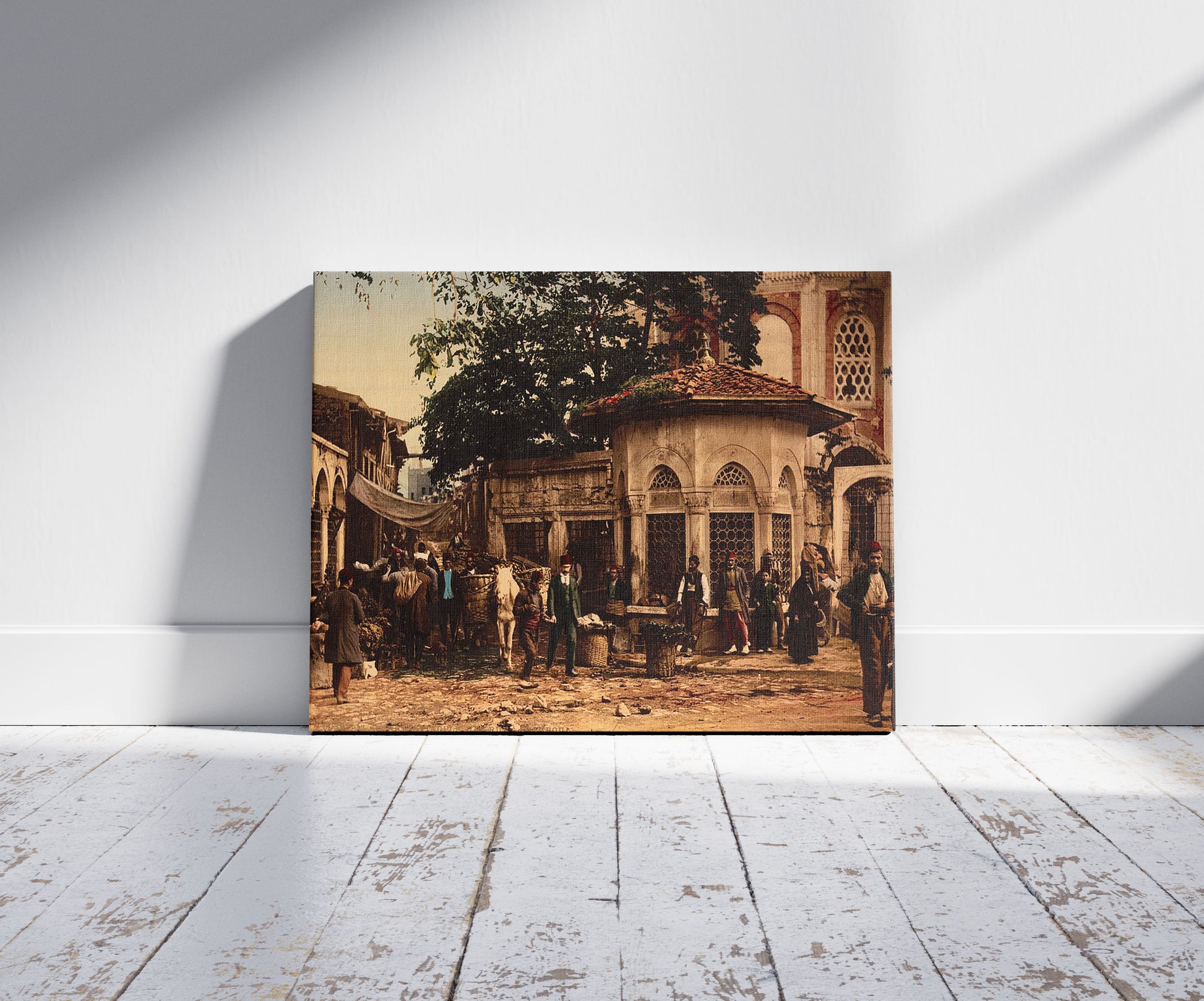 A picture of A street at Stamboul with fountain, Constantinople, Turkey, a mockup of the print leaning against a wall