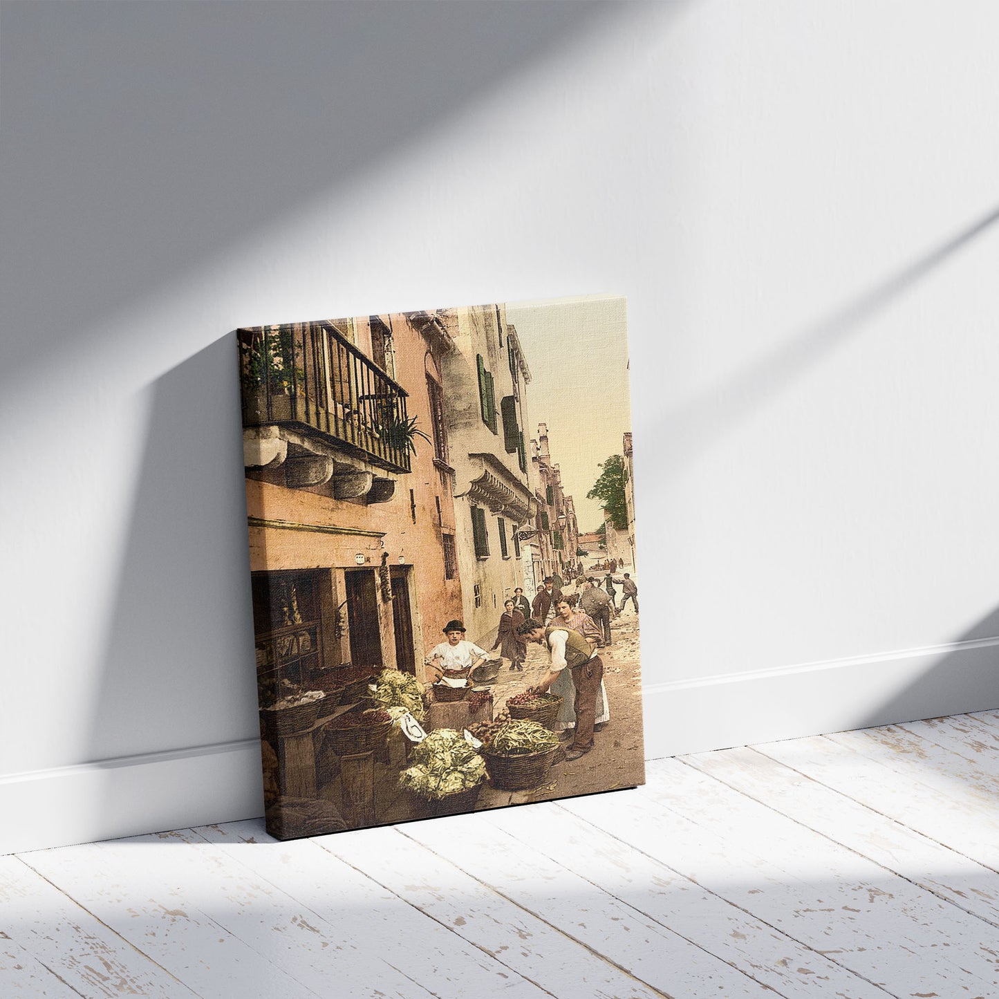 A picture of A street, Venice, Italy, a mockup of the print leaning against a wall