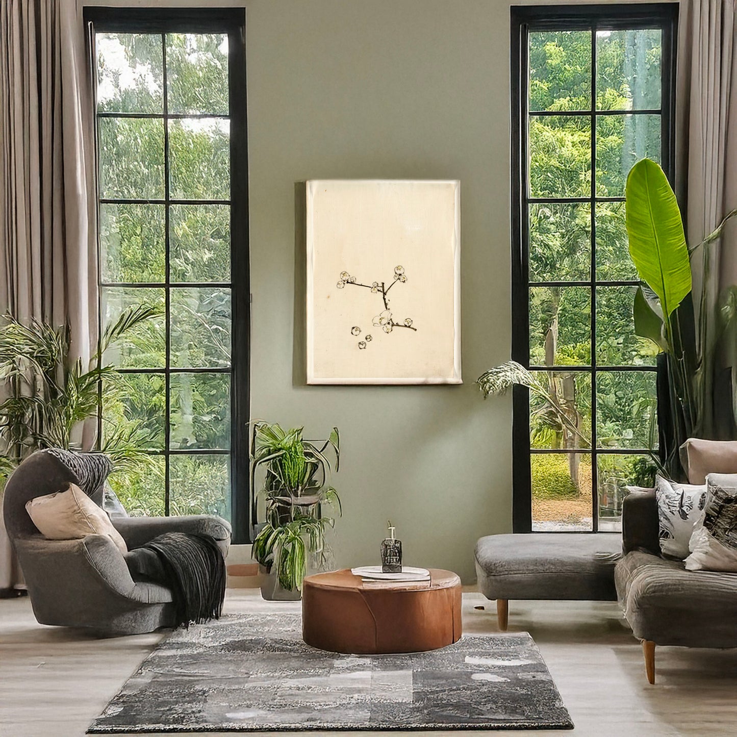 A picture of A tree branch with blossoms, a mockup of the print leaning against a wall